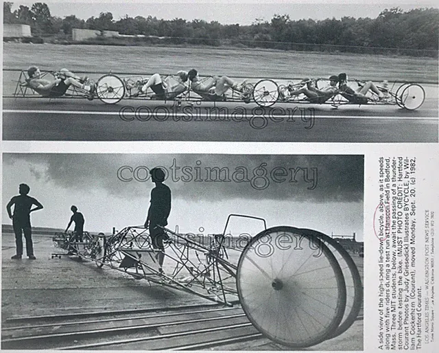 1982 Press Photo 5 Man Recumbent Bicycle