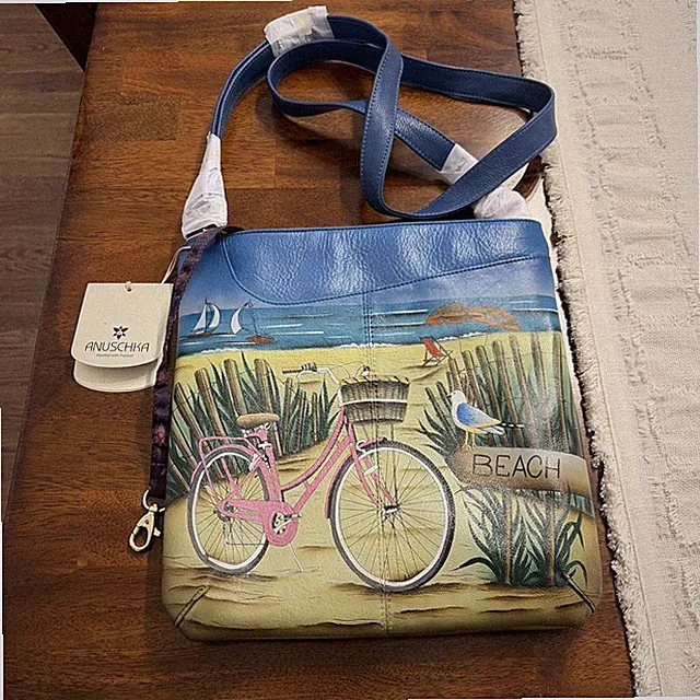 Anna Anuschka Handpainted Crossbody Bag or Purse Beach and Beach Cruiser Bike Ar