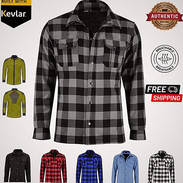 Men’s Armoured Motorcycle Riding Shirt Flannel Aramid Reinforced Protective Bike