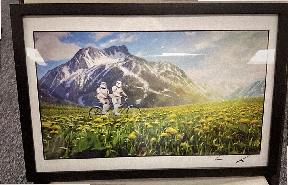 Print Star Wars Storm Troopers On Tandem Bicycle in Field - Framed & Signed