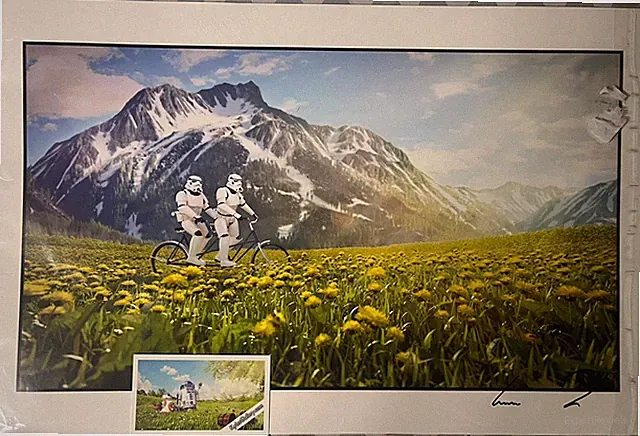 Vintage Print Star Wars Storm Troopers On Tandem Bicycle in Field Signed